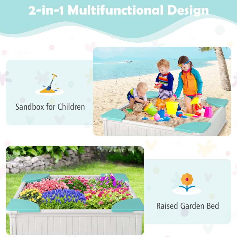 4 x 4 FT Large HDPE Kids Sandbox with Oxford Cover, 4 Corner Seats & Bottom Liner, All Weather Resistant Outdoor Sand Pit