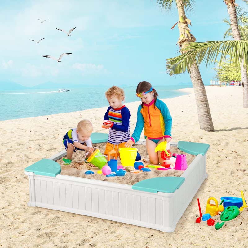 4 x 4 FT Large HDPE Kids Sandbox with Oxford Cover, 4 Corner Seats & Bottom Liner, All Weather Resistant Outdoor Sand Pit