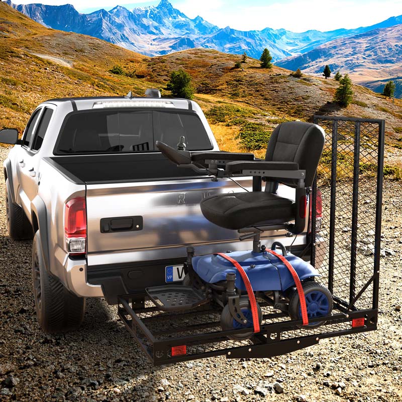 Folding Hitch Cargo Carrier with Ramp, 500LBS Heavy Duty Mobility Scooter & Wheelchair Carrier w/Stabilizer & Tie Down Straps, Fit 2" Hitch Receiver