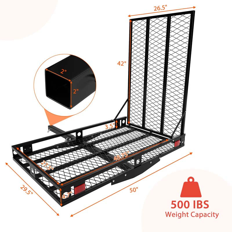 Folding Hitch Cargo Carrier with Ramp, 500LBS Heavy Duty Mobility Scooter & Wheelchair Carrier w/Stabilizer & Tie Down Straps, Fit 2" Hitch Receiver