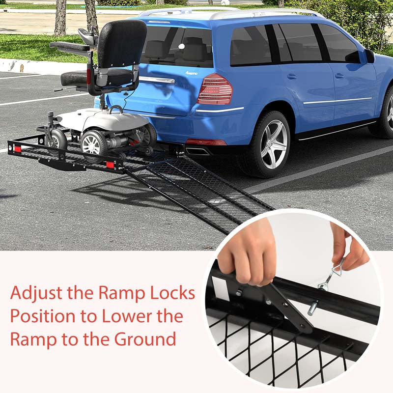 Folding Hitch Cargo Carrier with Ramp, 500LBS Heavy Duty Mobility Scooter & Wheelchair Carrier w/Stabilizer & Tie Down Straps, Fit 2" Hitch Receiver