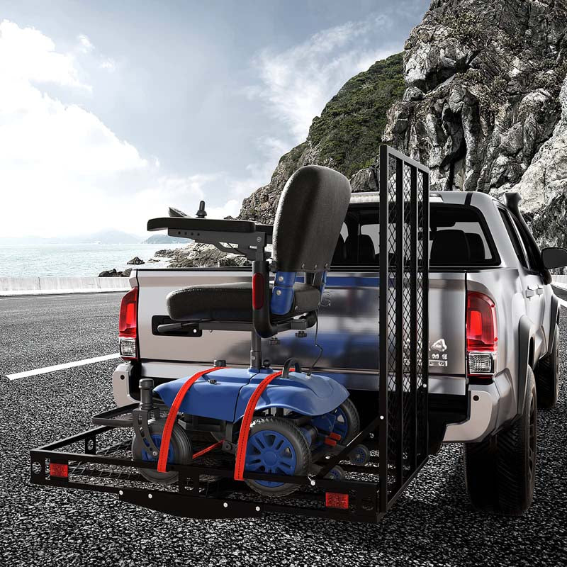 Folding Hitch Cargo Carrier with Ramp, 500LBS Heavy Duty Mobility Scooter & Wheelchair Carrier w/Stabilizer & Tie Down Straps, Fit 2" Hitch Receiver