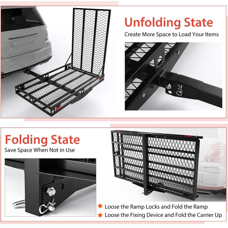 Folding Hitch Cargo Carrier with Ramp, 500LBS Heavy Duty Mobility Scooter & Wheelchair Carrier w/Stabilizer & Tie Down Straps, Fit 2" Hitch Receiver