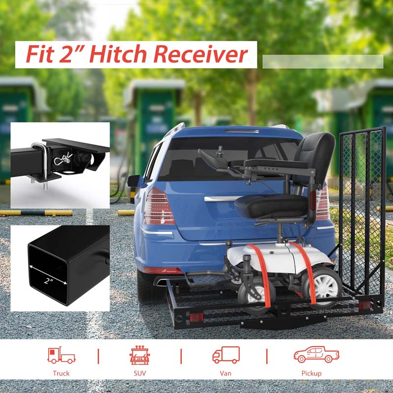 Folding Hitch Cargo Carrier with Ramp, 500LBS Heavy Duty Mobility Scooter & Wheelchair Carrier w/Stabilizer & Tie Down Straps, Fit 2" Hitch Receiver