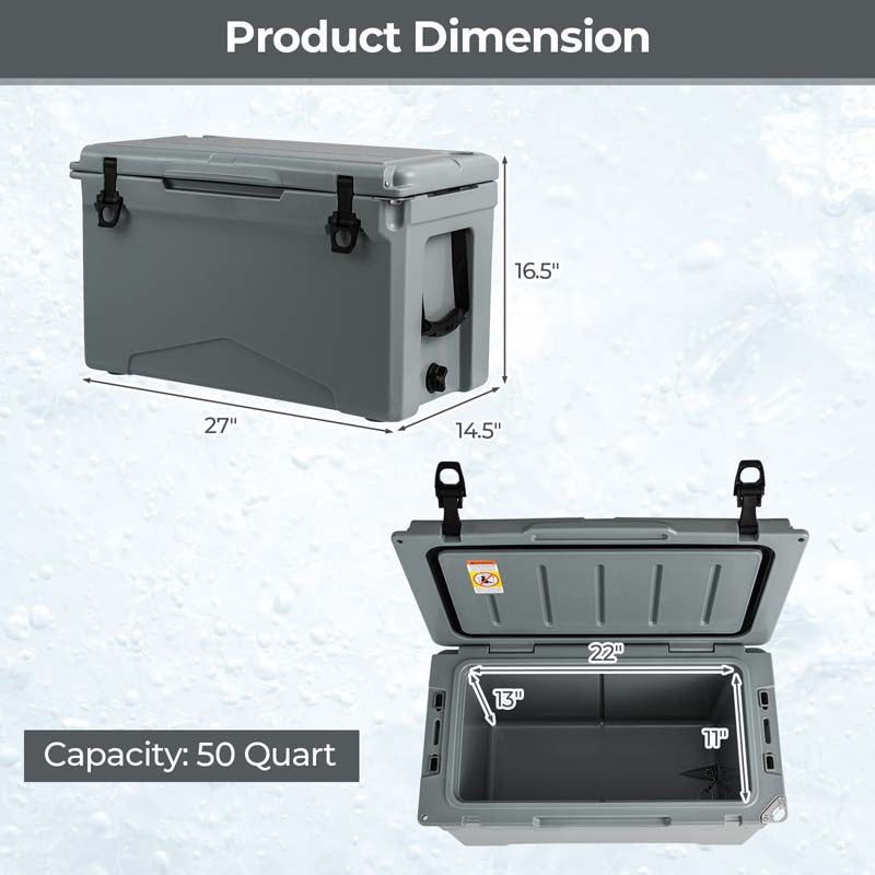 50 QT Rotomolded Camping Cooler, Insulated Large Ice Chest with Portable Handles, Integrated Cup Holders, Leak-Proof Tight Latches