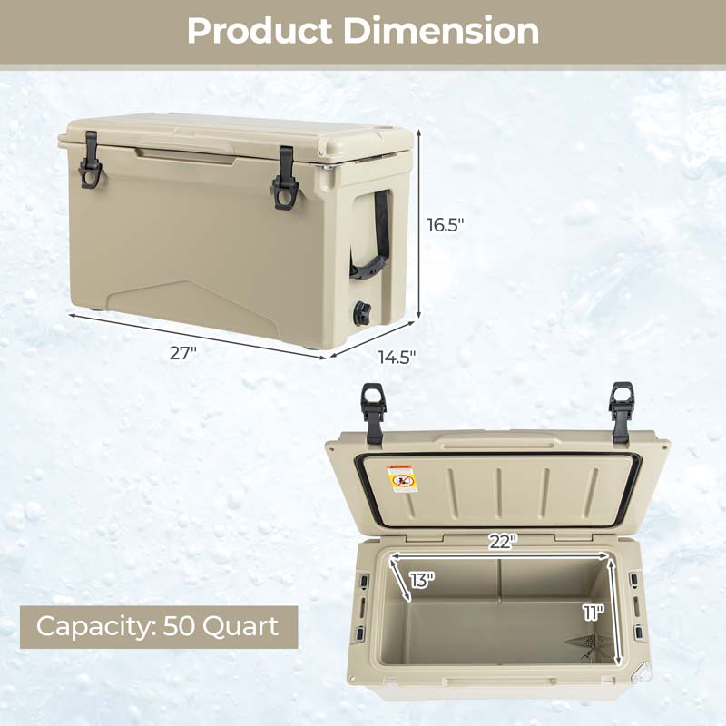 50 QT Rotomolded Camping Cooler, Insulated Large Ice Chest with Portable Handles, Integrated Cup Holders, Leak-Proof Tight Latches