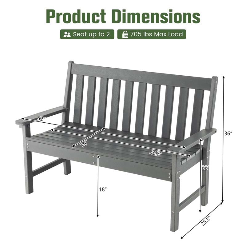 52" HDPE 2-Person Outdoor Patio Bench All-Weather Garden Park Bench Porch Loveseat Chair with Backrest & Armrests