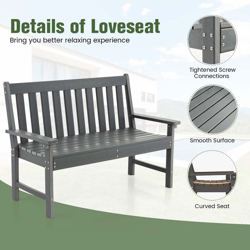52" HDPE 2-Person Outdoor Patio Bench All-Weather Garden Park Bench Porch Loveseat Chair with Backrest & Armrests
