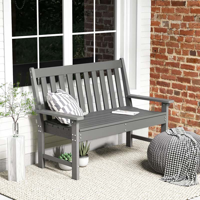 52" HDPE 2-Person Outdoor Patio Bench All-Weather Garden Park Bench Porch Loveseat Chair with Backrest & Armrests