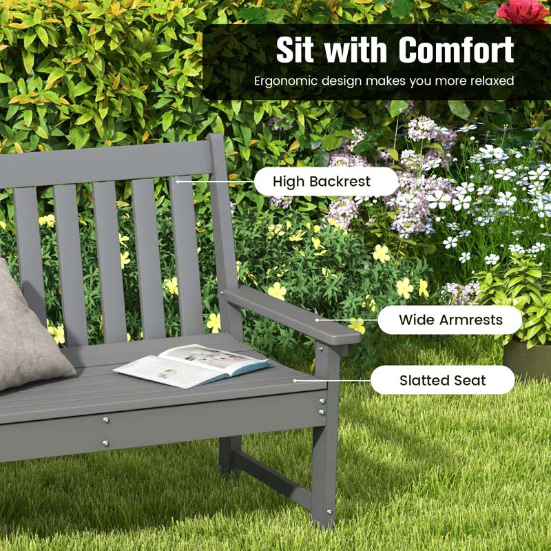52" HDPE 2-Person Outdoor Patio Bench All-Weather Garden Park Bench Porch Loveseat Chair with Backrest & Armrests
