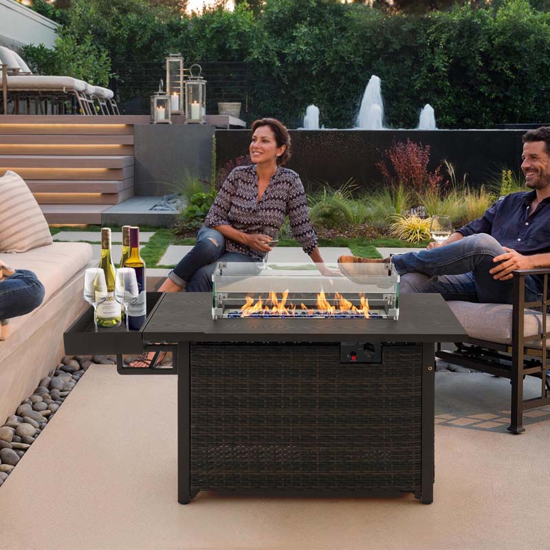 52" 50,000 BTU Outdoor Wicker Gas Fire Pit Propane Fire Table with Waterproof Cover, Wind Guard & Extended Storage Shelf for Patio Backyard