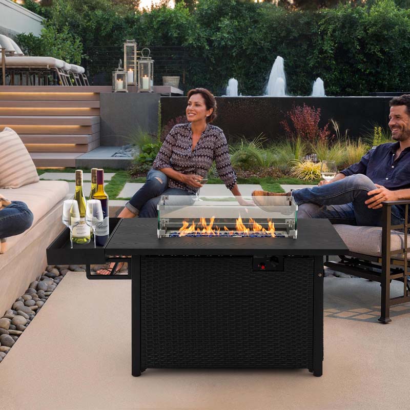 52" 50,000 BTU Outdoor Wicker Gas Fire Pit Propane Fire Table with Waterproof Cover, Wind Guard & Extended Storage Shelf for Patio Backyard