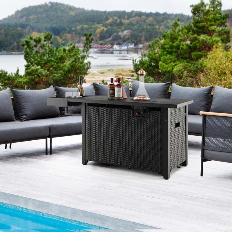 52" 50,000 BTU Outdoor Wicker Gas Fire Pit Propane Fire Table with Waterproof Cover, Wind Guard & Extended Storage Shelf for Patio Backyard