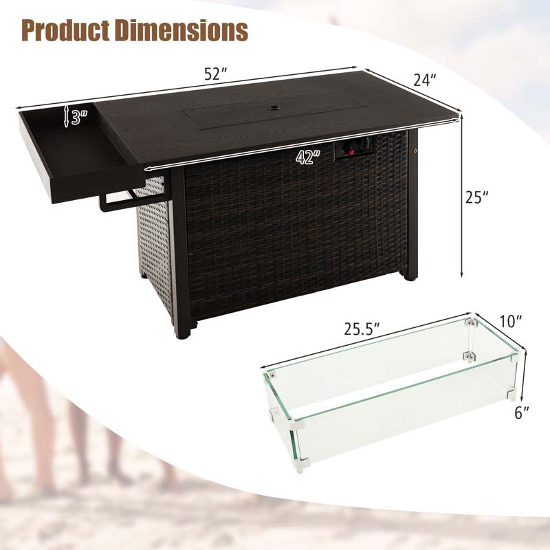 52" 50,000 BTU Outdoor Wicker Gas Fire Pit Propane Fire Table with Waterproof Cover, Wind Guard & Extended Storage Shelf for Patio Backyard
