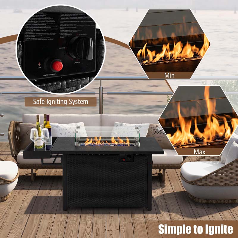 52" 50,000 BTU Outdoor Wicker Gas Fire Pit Propane Fire Table with Waterproof Cover, Wind Guard & Extended Storage Shelf for Patio Backyard