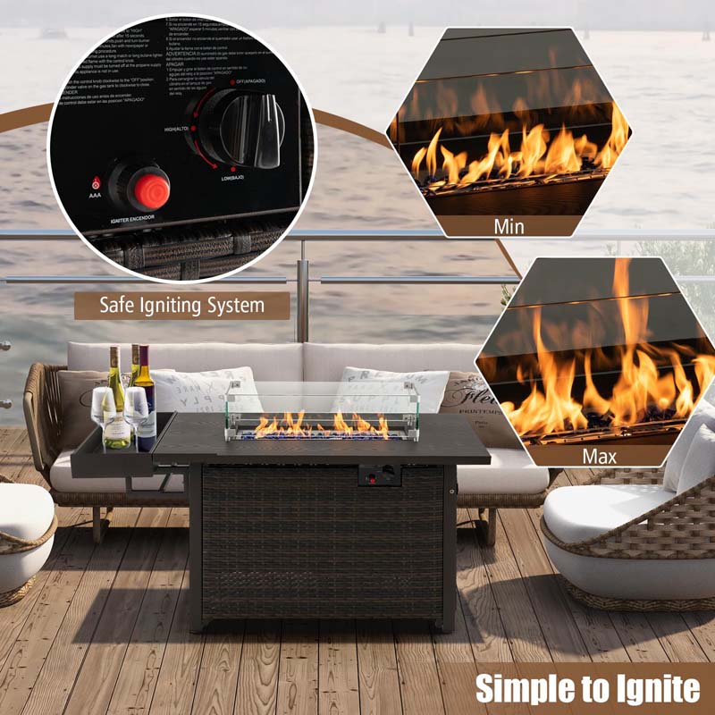 52" 50,000 BTU Outdoor Wicker Gas Fire Pit Propane Fire Table with Waterproof Cover, Wind Guard & Extended Storage Shelf for Patio Backyard