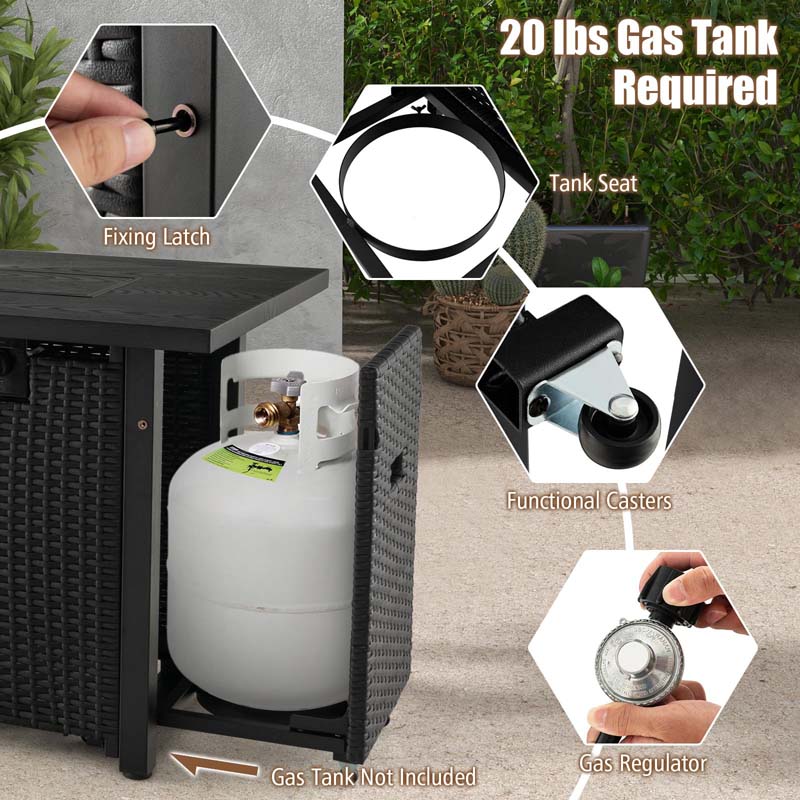 52" 50,000 BTU Outdoor Wicker Gas Fire Pit Propane Fire Table with Waterproof Cover, Wind Guard & Extended Storage Shelf for Patio Backyard