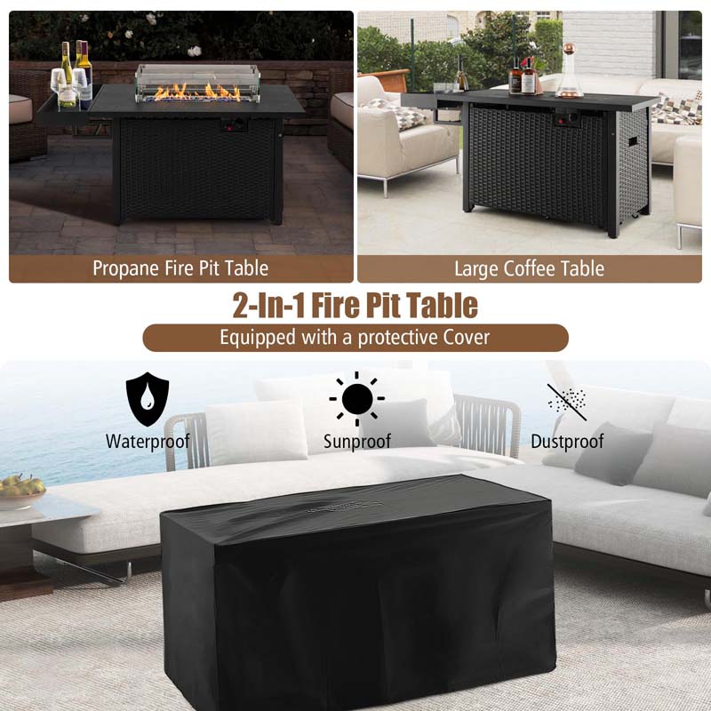 52" 50,000 BTU Outdoor Wicker Gas Fire Pit Propane Fire Table with Waterproof Cover, Wind Guard & Extended Storage Shelf for Patio Backyard