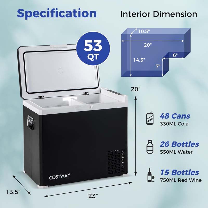 53QT Portable Car Fridge Freezer for Camping Travel, Dual-zone Electric Cooler w/-4℉~68℉ Adjustable Range, 12/24V DC & 110-240V AC
