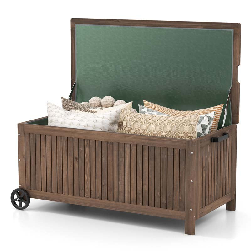 56 Gallon Wooden Patio Storage Bench Box w/Removable Waterproof PE Liner, Outdoor Deck Box with Wheels for Garden Tools, Pools Equipment