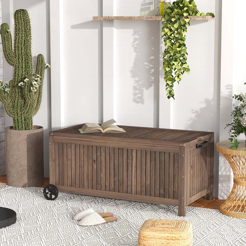 56 Gallon Wooden Patio Storage Bench Box w/Removable Waterproof PE Liner, Outdoor Deck Box with Wheels for Garden Tools, Pools Equipment