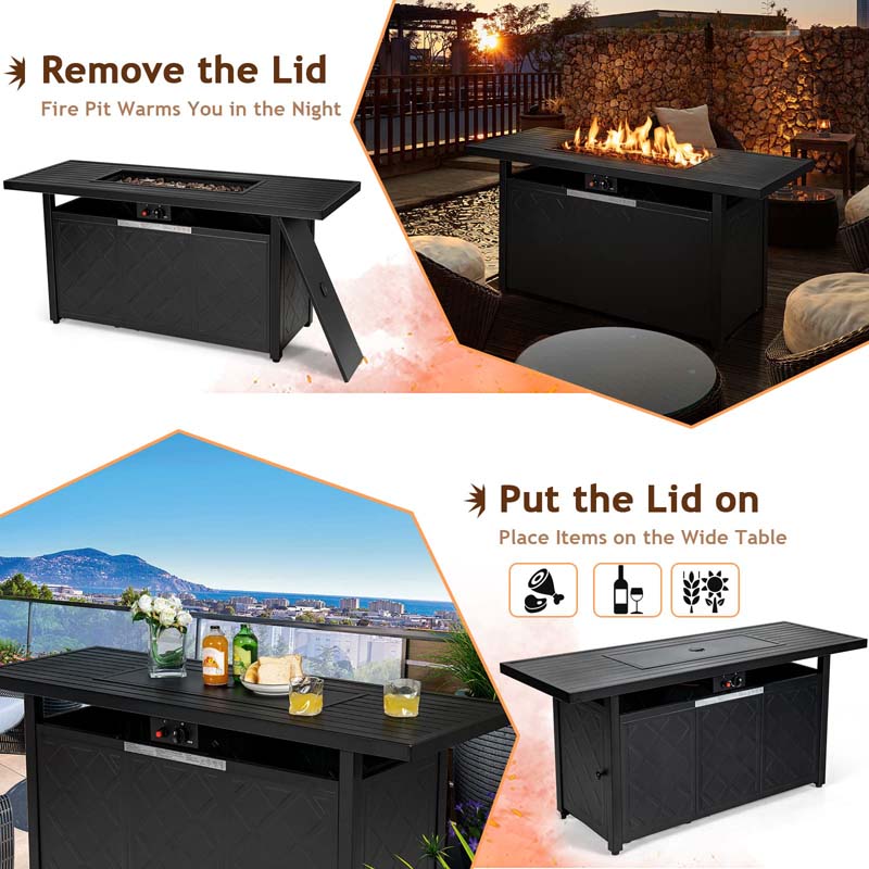 57" 50,000 BTU Outdoor Propane Fire Pit Table, Rectangular Patio Gas Fire Table with Lid, Auto-Ignition & Lava Rocks for Backyard Garden