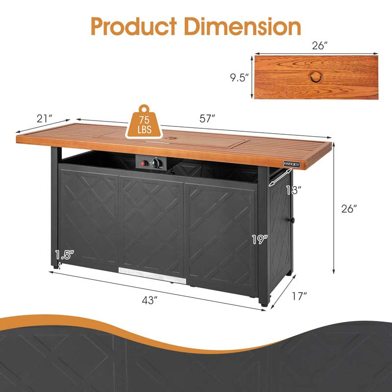 57" 50,000 BTU Propane Outdoor Fire Pit Table Rectangular Auto-Ignition Patio Gas Fire Table with Lid and Lava Rocks