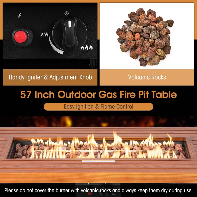 57" 50,000 BTU Propane Outdoor Fire Pit Table Rectangular Auto-Ignition Patio Gas Fire Table with Lid and Lava Rocks