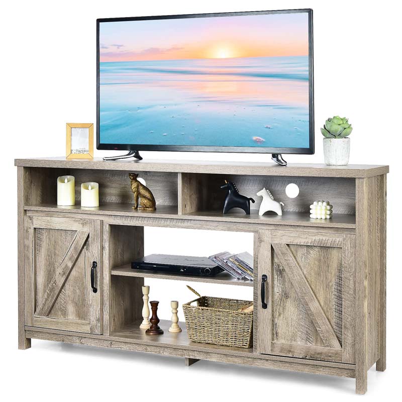 59" Farmhouse TV Stand for TVs Up to 65 Inches, Wood Entertainment Center Media Console Cabinet with Double Barn Doors & Adjustable Shelves