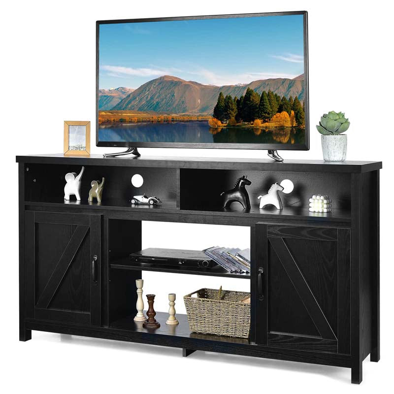 59" Farmhouse TV Stand for TVs Up to 65 Inches, Wood Entertainment Center Media Console Cabinet with Double Barn Doors & Adjustable Shelves