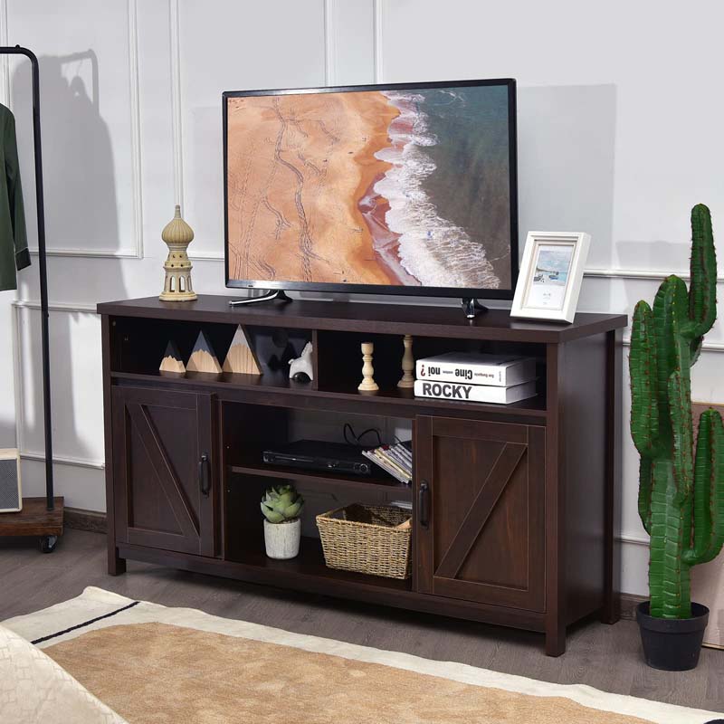 59" Farmhouse TV Stand for TVs Up to 65 Inches, Wood Entertainment Center Media Console Cabinet with Double Barn Doors & Adjustable Shelves