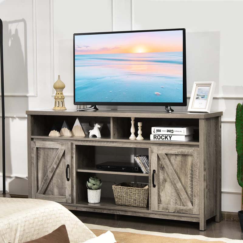59" Farmhouse TV Stand for TVs Up to 65 Inches, Wood Entertainment Center Media Console Cabinet with Double Barn Doors & Adjustable Shelves