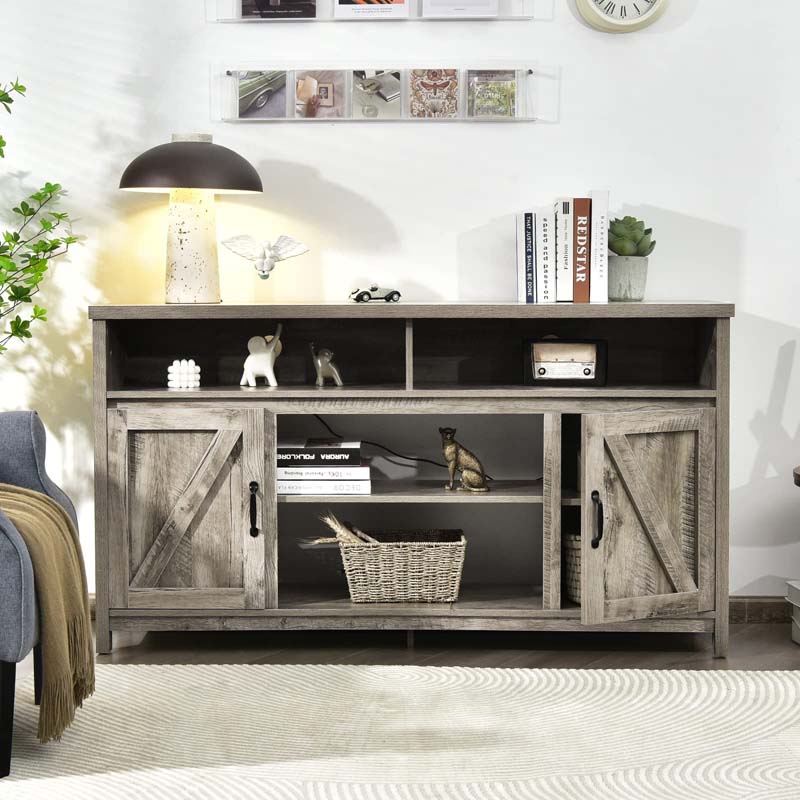 59" Farmhouse TV Stand for TVs Up to 65 Inches, Wood Entertainment Center Media Console Cabinet with Double Barn Doors & Adjustable Shelves