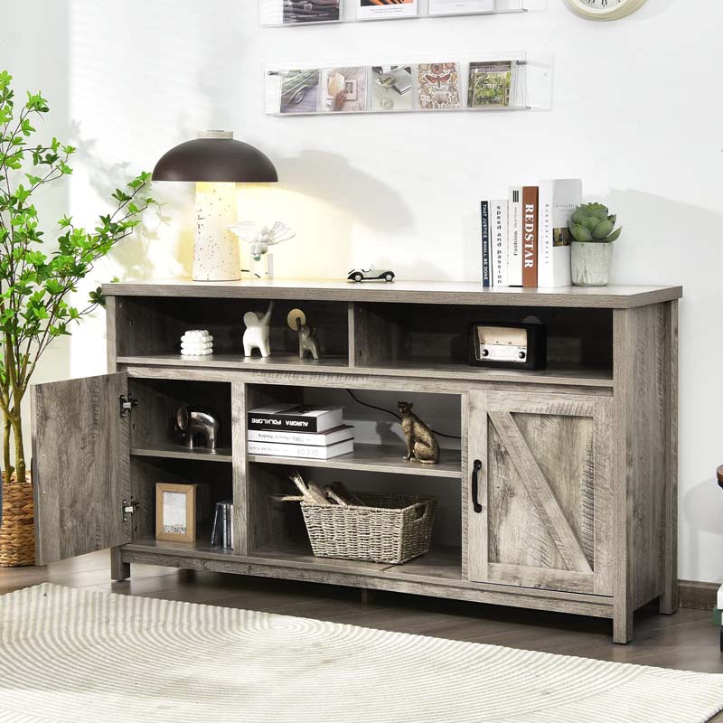 59" Farmhouse TV Stand for TVs Up to 65 Inches, Wood Entertainment Center Media Console Cabinet with Double Barn Doors & Adjustable Shelves