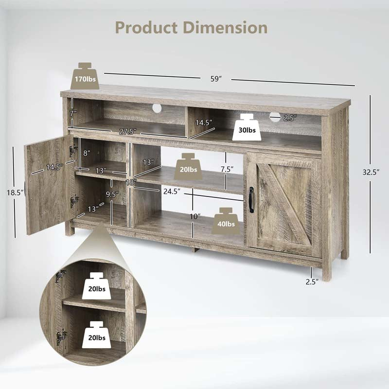 59" Farmhouse TV Stand for TVs Up to 65 Inches, Wood Entertainment Center Media Console Cabinet with Double Barn Doors & Adjustable Shelves