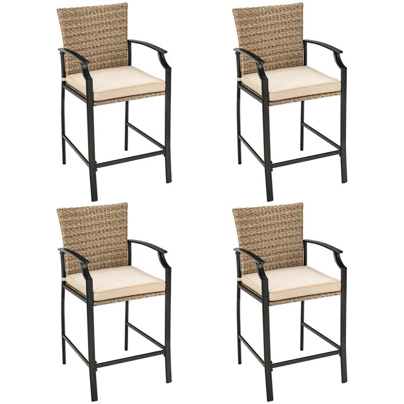 5 Pieces Heavy-Duty Steel Frame Outdoor Patio Bar Set Rattan Bistro Set with 4 Wicker Bar Stools and 1 Bar Table, Soft Cushions