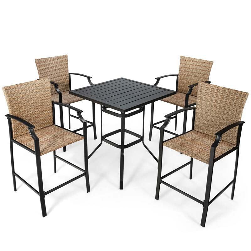 5 Pieces Heavy-Duty Steel Frame Outdoor Patio Bar Set Rattan Bistro Set with 4 Wicker Bar Stools and 1 Bar Table, Soft Cushions