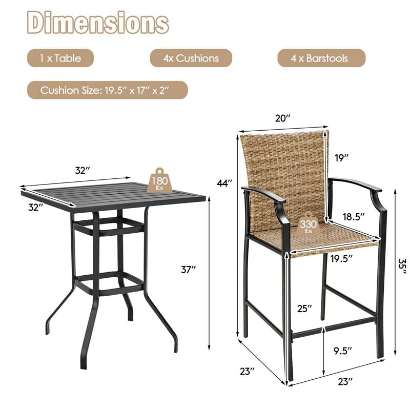 5 Pieces Heavy-Duty Steel Frame Outdoor Patio Bar Set Rattan Bistro Set with 4 Wicker Bar Stools and 1 Bar Table, Soft Cushions