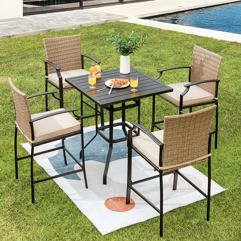 5 Pieces Heavy-Duty Steel Frame Outdoor Patio Bar Set Rattan Bistro Set with 4 Wicker Bar Stools and 1 Bar Table, Soft Cushions