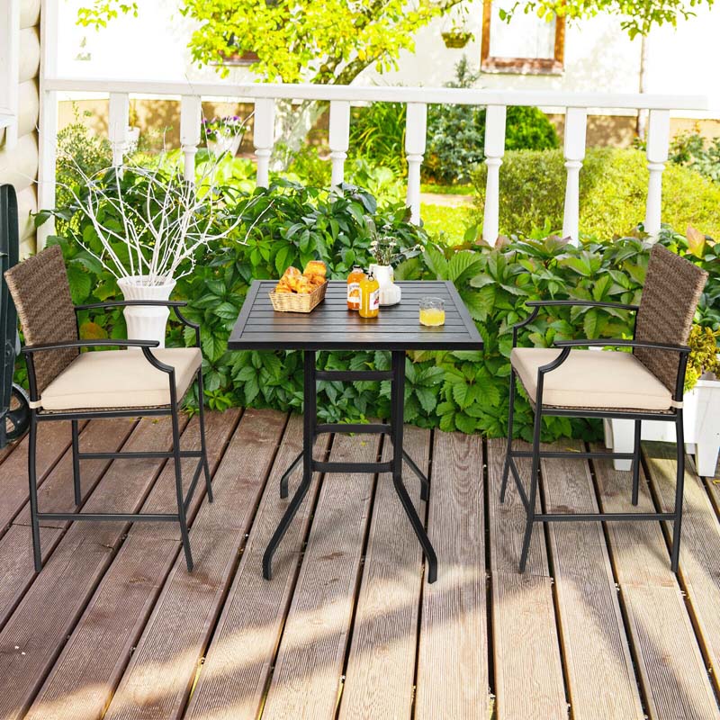 5 Pieces Heavy-Duty Steel Frame Outdoor Patio Bar Set Rattan Bistro Set with 4 Wicker Bar Stools and 1 Bar Table, Soft Cushions