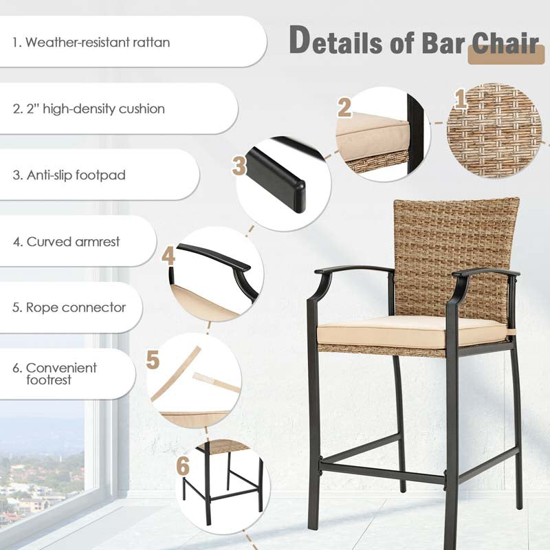 5 Pieces Heavy-Duty Steel Frame Outdoor Patio Bar Set Rattan Bistro Set with 4 Wicker Bar Stools and 1 Bar Table, Soft Cushions