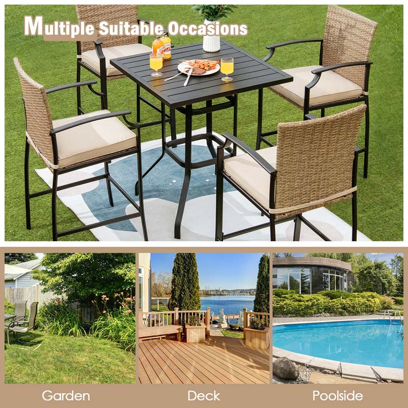 5 Pieces Heavy-Duty Steel Frame Outdoor Patio Bar Set Rattan Bistro Set with 4 Wicker Bar Stools and 1 Bar Table, Soft Cushions