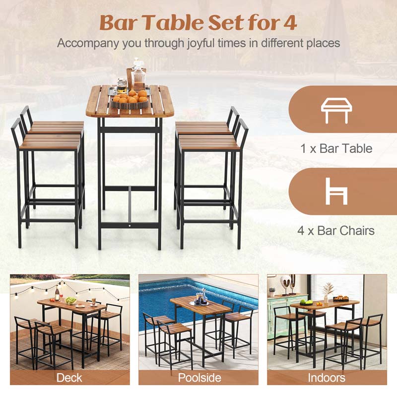 5Pcs Acacia Wood Patio Bar Table Set with Metal Frame & Footrest, Outdoor Bar Height Table & Chairs for Deck Garden Poolside