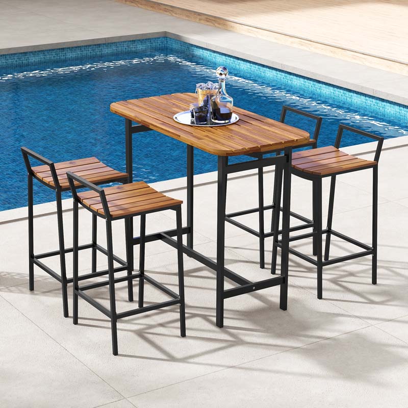 5Pcs Acacia Wood Patio Bar Table Set with Metal Frame & Footrest, Outdoor Bar Height Table & Chairs for Deck Garden Poolside