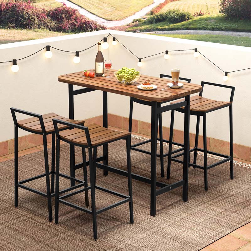 5Pcs Acacia Wood Patio Bar Table Set with Metal Frame & Footrest, Outdoor Bar Height Table & Chairs for Deck Garden Poolside