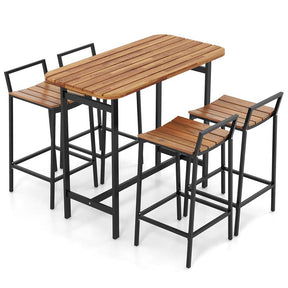 5Pcs Acacia Wood Patio Bar Table Set with Metal Frame & Footrest, Outdoor Bar Height Table & Chairs for Deck Garden Poolside