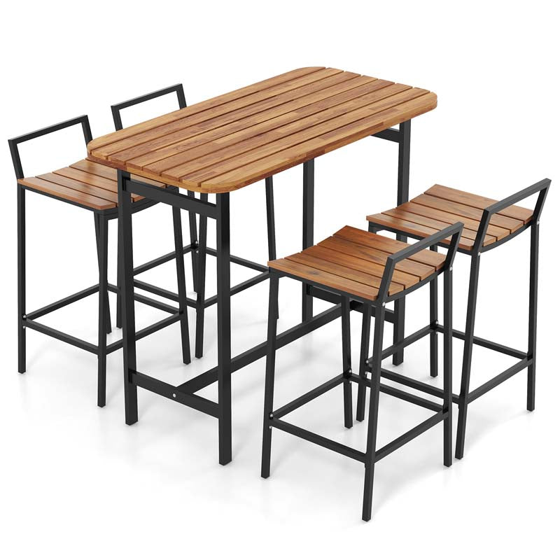 5Pcs Acacia Wood Patio Bar Table Set with Metal Frame & Footrest, Outdoor Bar Height Table & Chairs for Deck Garden Poolside