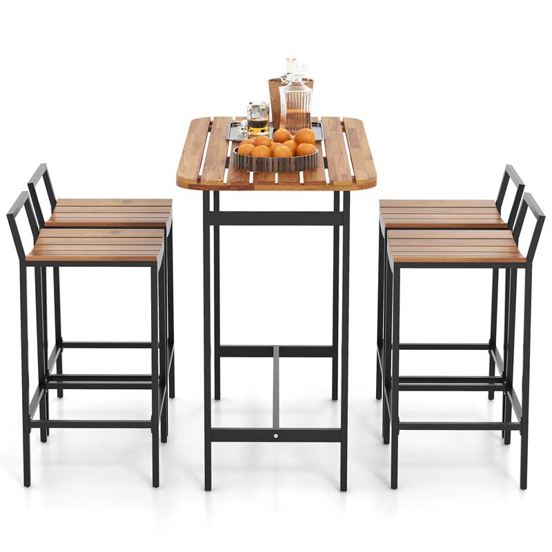 5Pcs Acacia Wood Patio Bar Table Set with Metal Frame & Footrest, Outdoor Bar Height Table & Chairs for Deck Garden Poolside