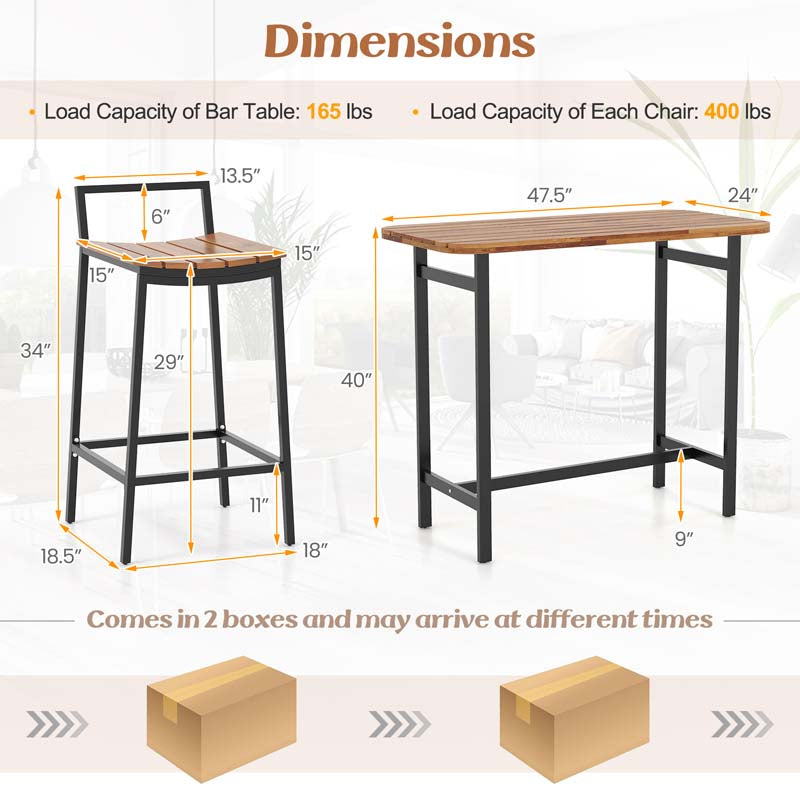 5Pcs Acacia Wood Patio Bar Table Set with Metal Frame & Footrest, Outdoor Bar Height Table & Chairs for Deck Garden Poolside
