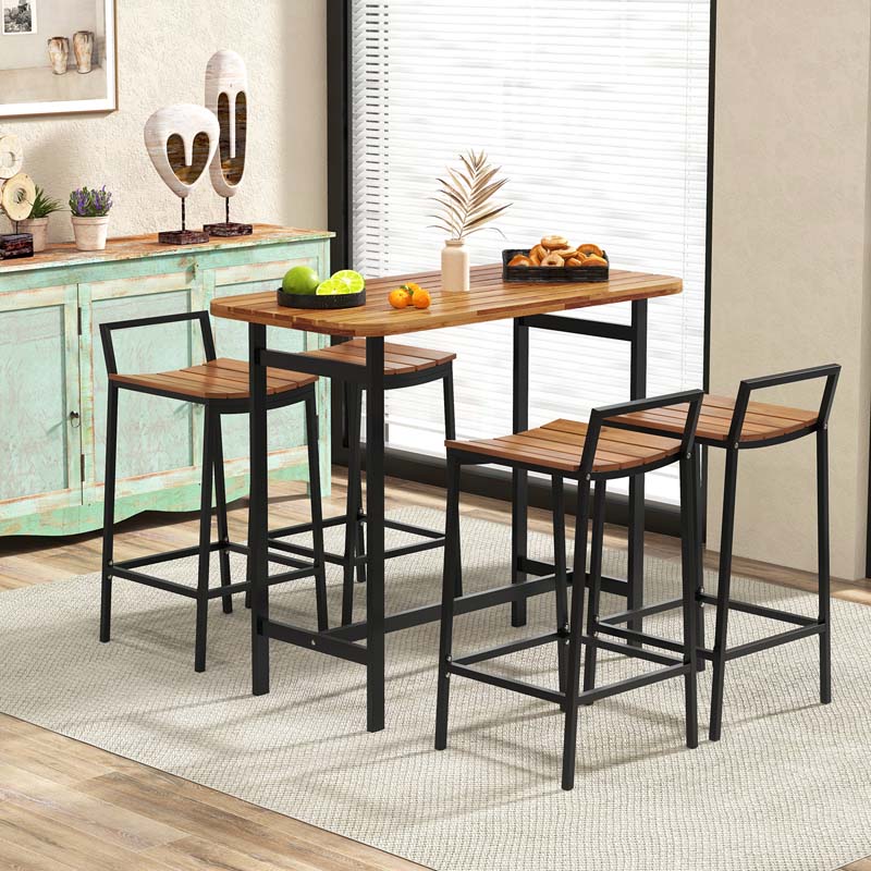5Pcs Acacia Wood Patio Bar Table Set with Metal Frame & Footrest, Outdoor Bar Height Table & Chairs for Deck Garden Poolside
